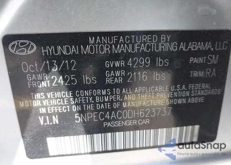 2013 Hyundai Sonata Limited z USA, uszkodzony, nr VIN 5NPEC4AC0DH623737